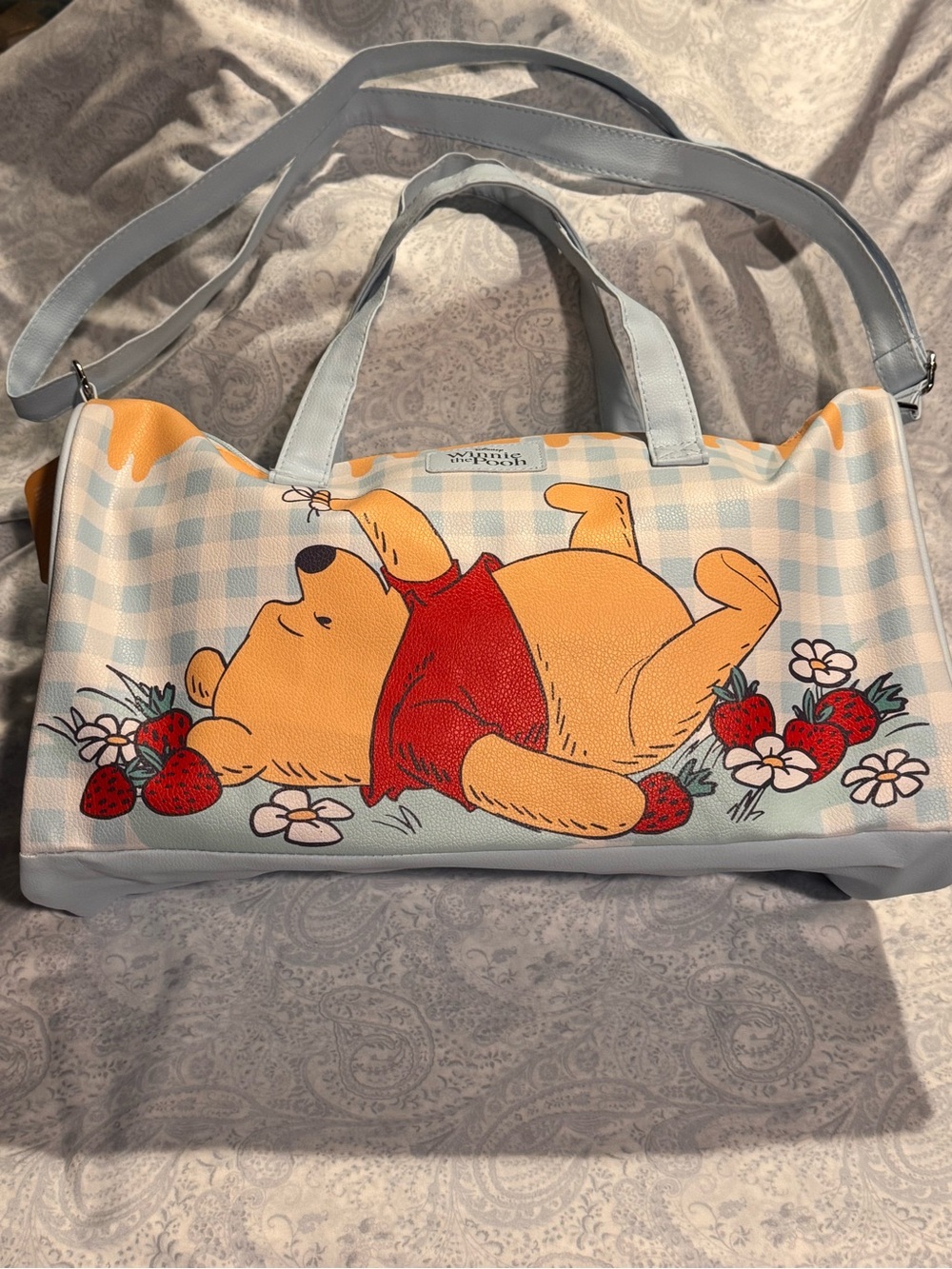 Winnie the Pooh Strawberry & Blue Gingham Medium Duffle w/ adj. Shoulder Strap